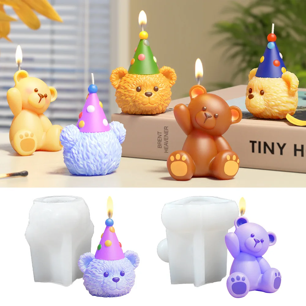 

DIY Birthday Bear Candle Silicone Mould Cute Teddy Bear Handmade Resin Soap Plaster Mold Ornament Cake Baking Tools