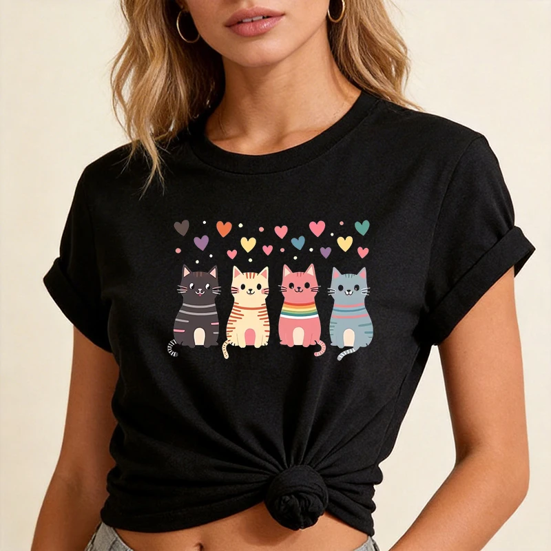 Niedliches Cartoon-T-Shirt mit Streifenmuster und Herzdesign für Damen, Y2k-Style, Lässiges Grafik-T-Shirt, Modisches Rundhals-T-Shirt