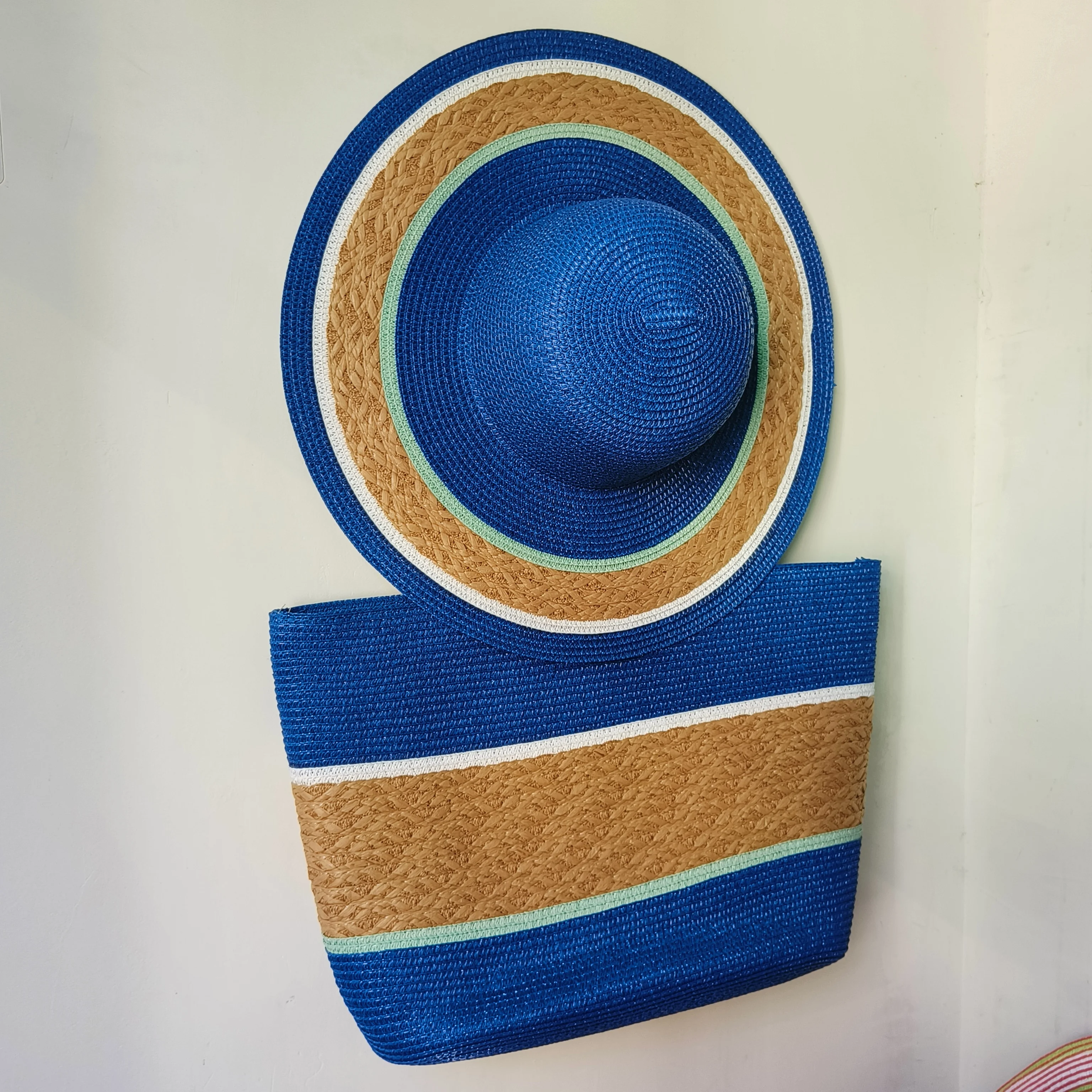 Sombrero de paja y bolso para mujer, tejido a mano, colorido, bolso de mano, traje, Verano