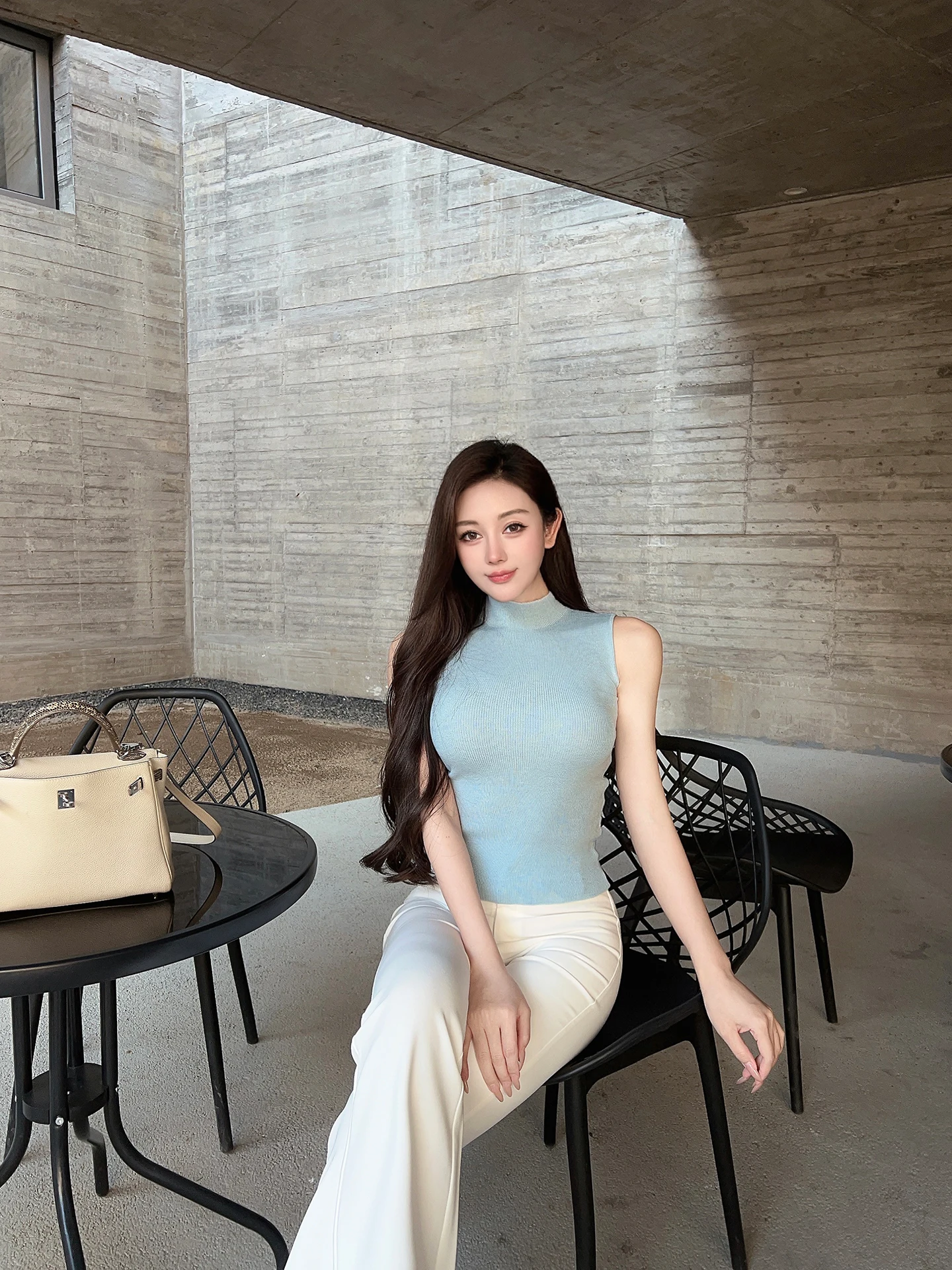 Wang Jiujiu Three-Color Knitted Top Half High Collar Sleeveless High Elasticity Casual Style Women's T-shirt Spring 2026