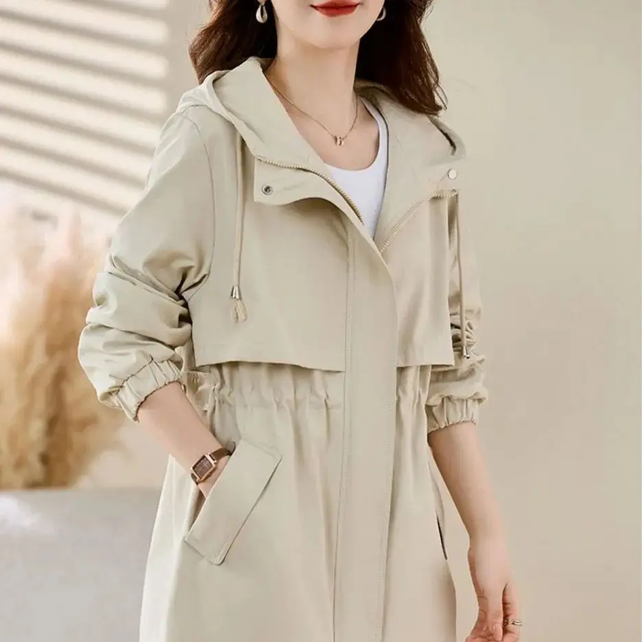 trench coat women's 2025 spring and autumn new  waist medium and long high-end  hooded tooling jacket