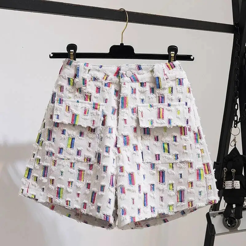 2025 Summer Stylish High Waist Shorts Women Colorful Wide Leg Short Pants Fashion Chic Ladies Thin Denim Shorts S-4XL