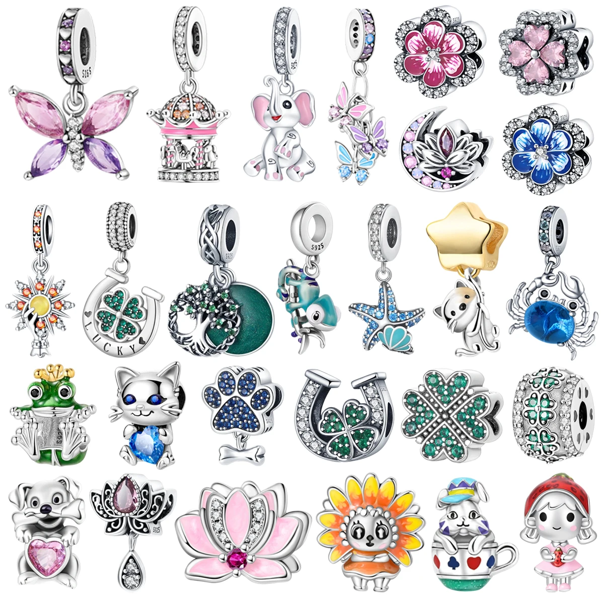 Colgante Romántico de Plata de Ley 925 con Diseño de Girasol, Loto, Trébol, Gato y Mariposa, Ideal para Pulseras y Collares DIY para Mujer, Regalo de Joyería