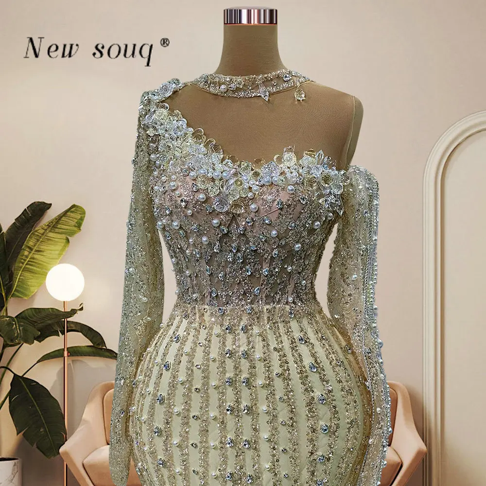 Arabisch Champagne Glittery Moslim Lange Mouwen Avondjurken Sparkle Vrouwen Bruiloft Jurken Dubai Formele Gelegenheid Vestidos