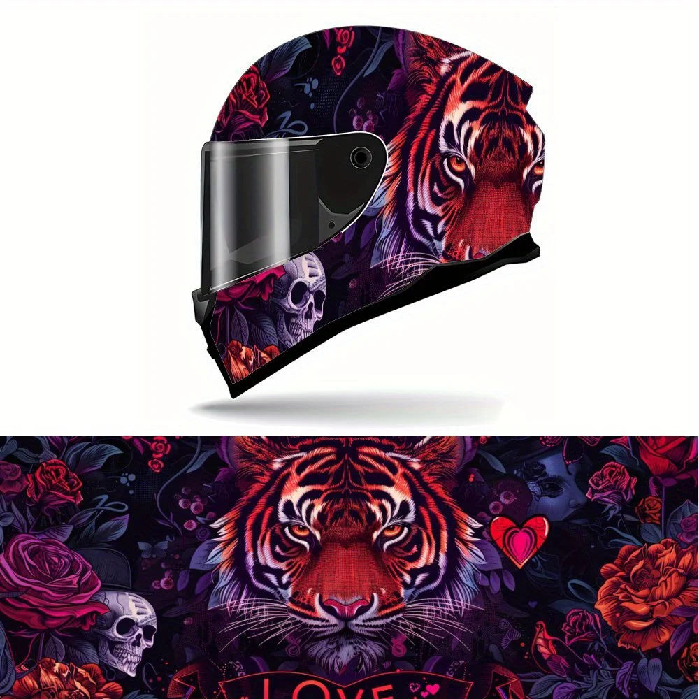 

Cool Tiger Skull and Rose Full Face Helmet Vinyl Wrap Sticker, Waterproof Scratch-Resistant Self-Adhesive PVC Decals, Artistic A
