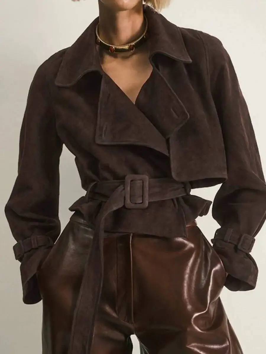 

HUISONG модные короткие куртки на шнуровке для женщин, лоскутная двубортная куртка с лацканами и длинными рукавами, женская одежда