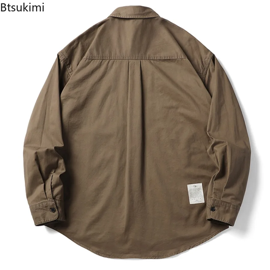 Men's Pure Cotton Solid Shirts Streetwear Fashion Loose Casual Long Sleeve Vintage Cargo Shirts Male Oversize Blouses Jackets