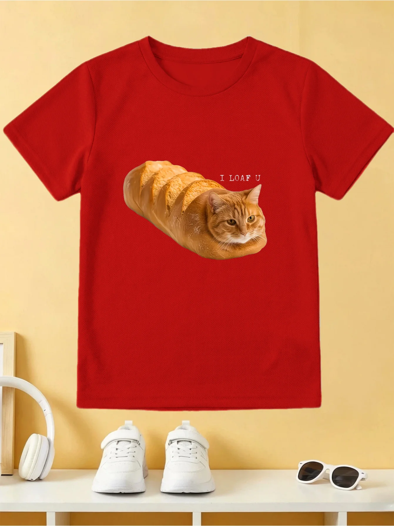 Cute Orange Cat In Bread Loaf I Loaf U Funny Meme Graphic Print T Shirt Family Matching Boys Girls Kids Short Sleeve Daily Tees