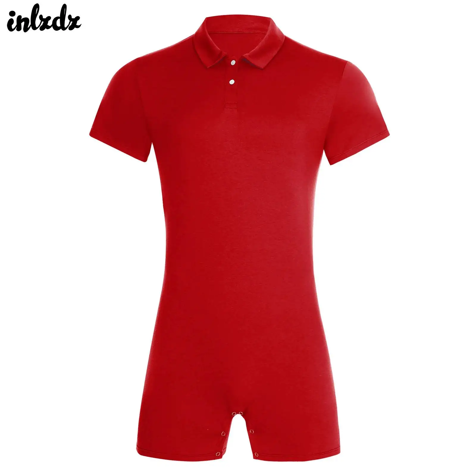 

Mens Press Crotch Buttons T-shirt Bodysuit Pajamas Lapel Collar Short Sleeves One-piece Diaper Shorty Jumpsuit Sexy Body Tops