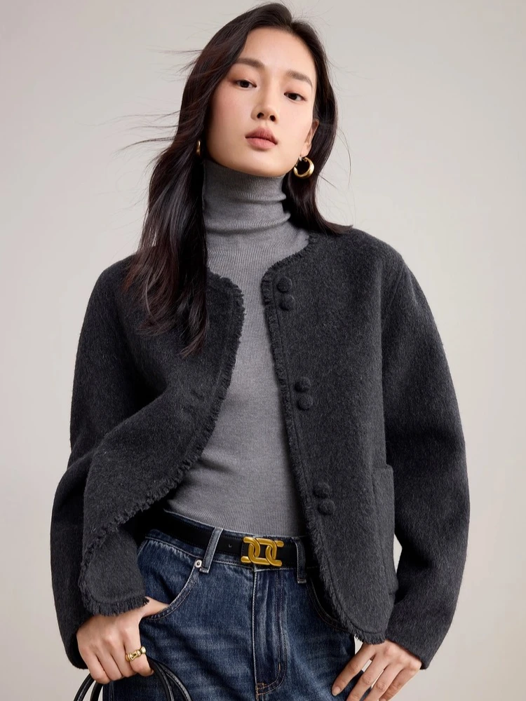 

SENTUBILA Women's Tassel Wool Coat 2025 Winter Elegant Style O-Neck Thick Warm Short Double Faced Woolen Overcoat W54OG8757