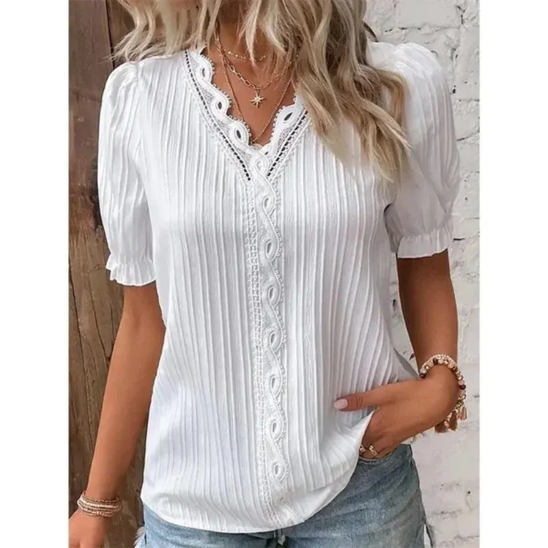 New Women\'s Fashion Lace V Neck Tops Casual Solid Color Short Sleeve T-Shirts Elegant Puff Sleeve Blouses Shirts