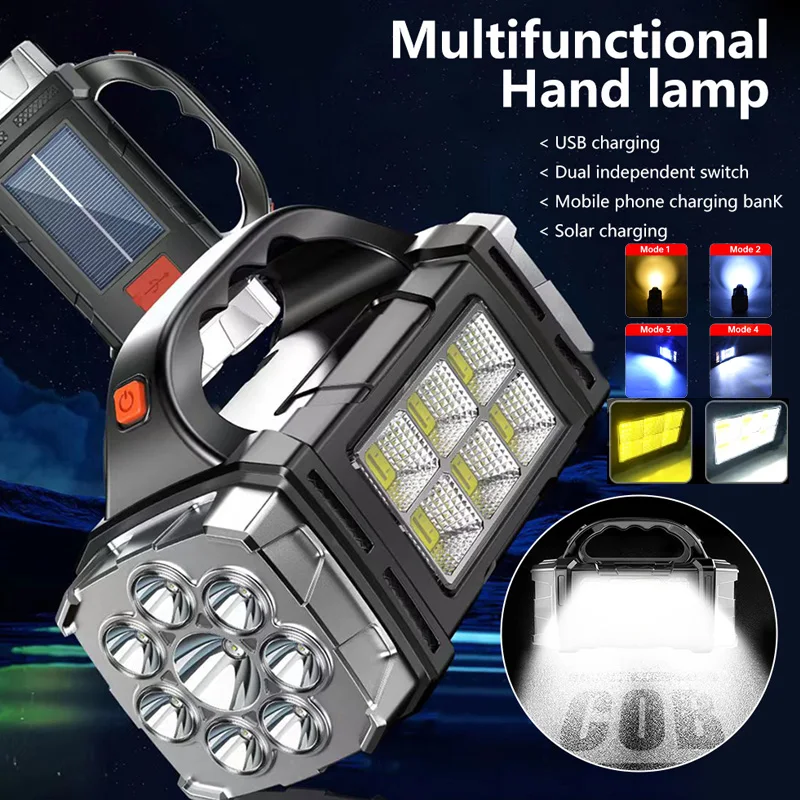 Rechargeable Portable Hand LampLED Powerful Flashlight Outdoor Camping Solar Charging Light USB Torch With COB Work Lantern