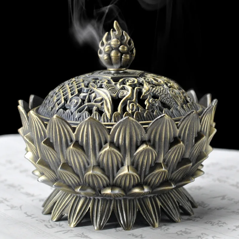 Vintage Metal Lotus Incense Burner Buddhist Buddha Offering Sandalwood Censer Tea Ceremony Home Decor