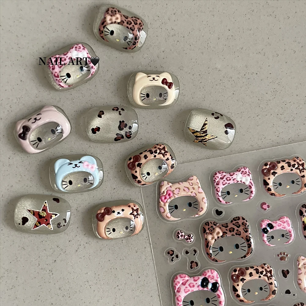 Naklejki na paznokcie 5D z uroczym kotkiem w panterkę, słodkie kreskówkowe naklejki Hello Kitty, samoprzylepne slidery, naklejki na paznokcie z kotkiem w kapeluszu.