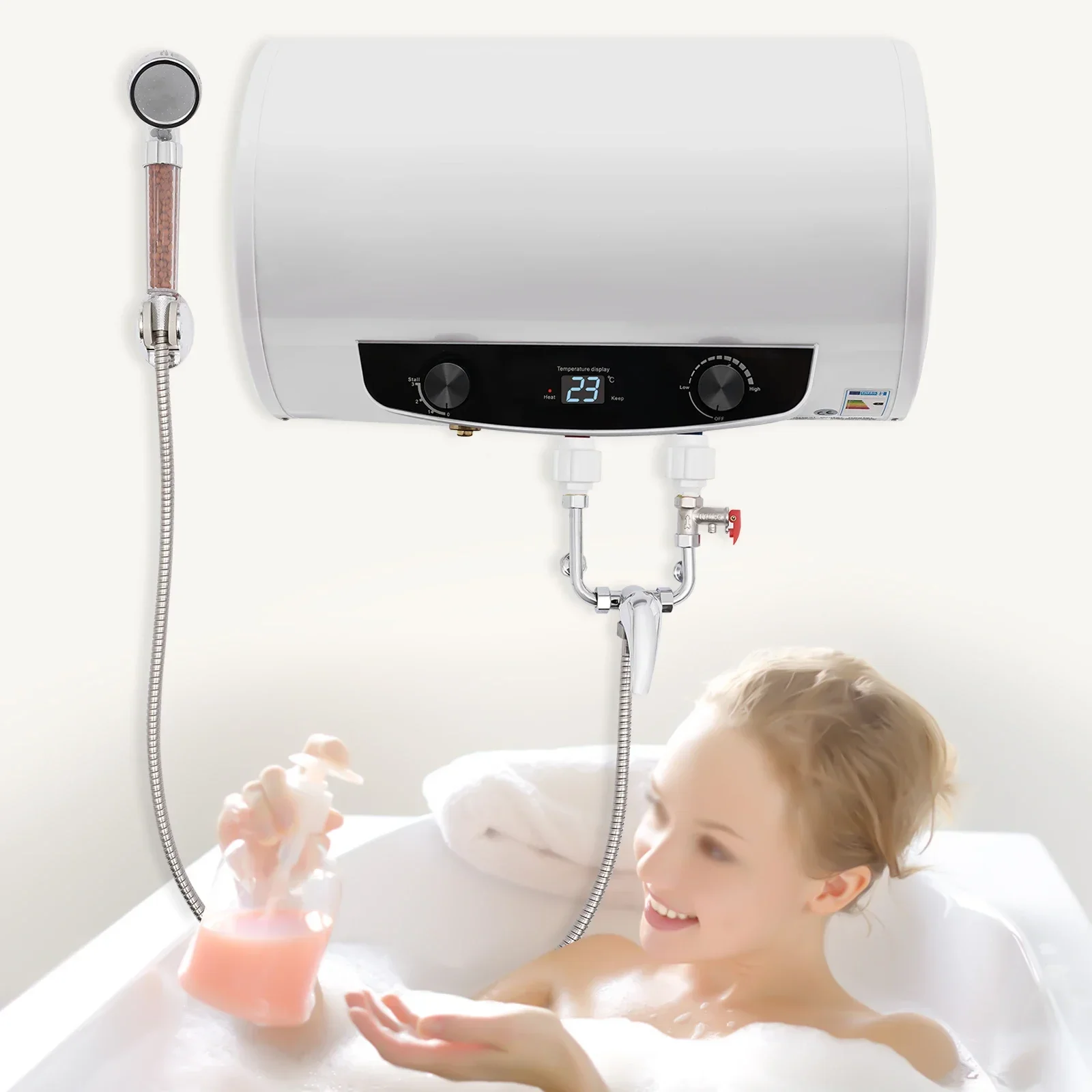 Calentador de Agua Eléctrico de Pared de 50L, 220V, Enchufe Europeo, Tanque de Acero Inoxidable, Pantalla Digital, para Baño