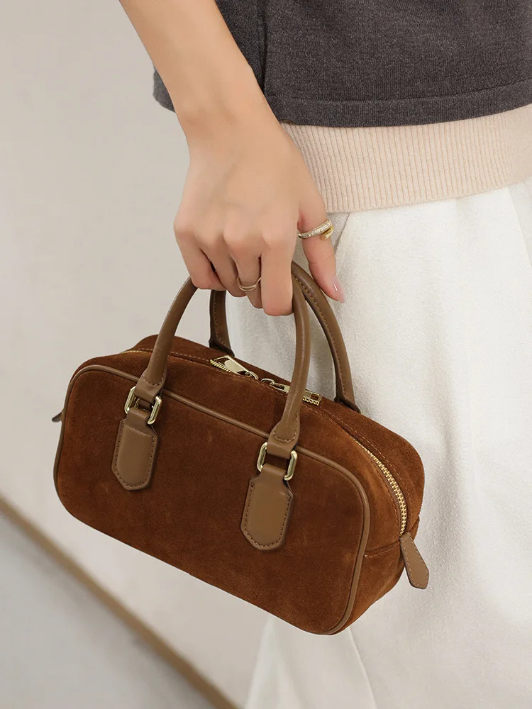 Women's Boston Bag 2025 Fall Top Grain Suede Leather Handbag Crossbody Shoulder Bag Vintage Versatile Mini Bowling Bag Portable