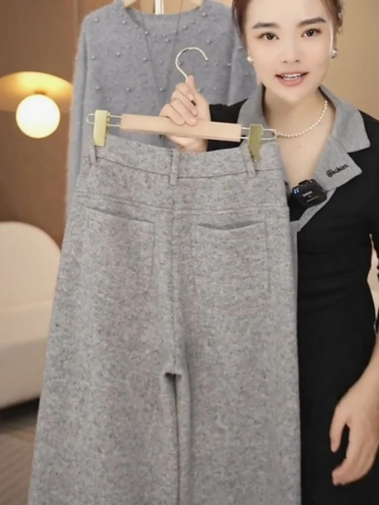 Pantaloni a vita alta con gamba larga e noodle di riso Pantaloni larghi a gamba dritta da donna Pendolarismo Sle Colore puro ket Dettaglio