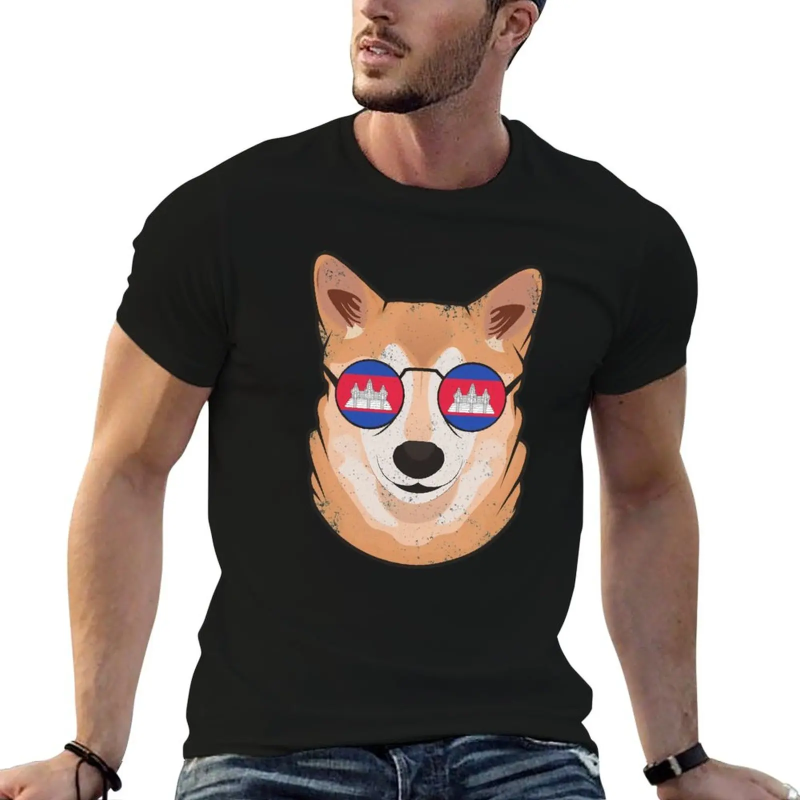 Vintage Patriotic Shiba Inu Cambodian Flag T-Shirt t shirts for man graphic tees man t shirt cotton T-Shirt