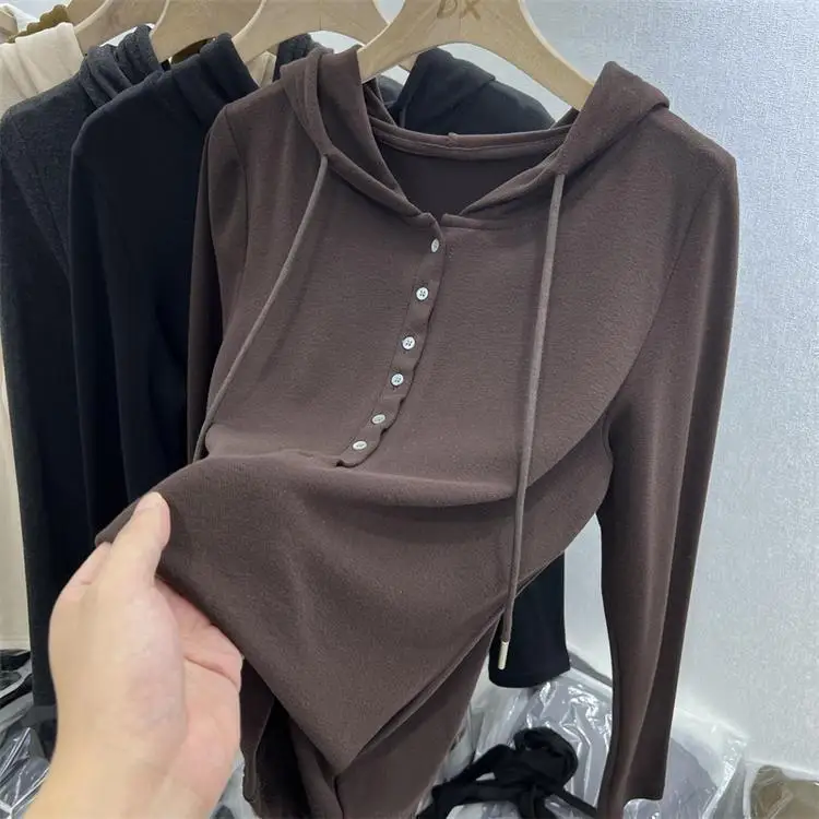 Self-Heating Fleece Long Sleeve Hoodie Thermal Base Layer Shirt Autumn Winter New Style Fashionable Versatile Korean Style Top