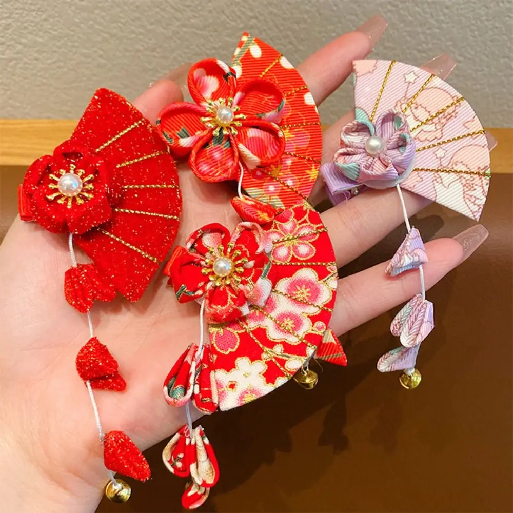 Chinese Style Sakura Tassel Fan Hairpin Girl Children Red Hair Clip Headwear Hanfu Headdress Hair Accessories