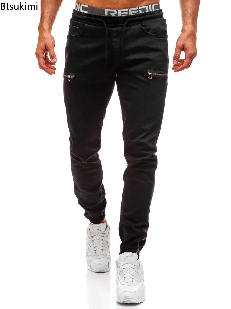 2025 Men's Slim Straight Leg Jeans Fashionable Drawstring Zip Design Casual Sport Denim Pants Men Versatile Trouser Street Style