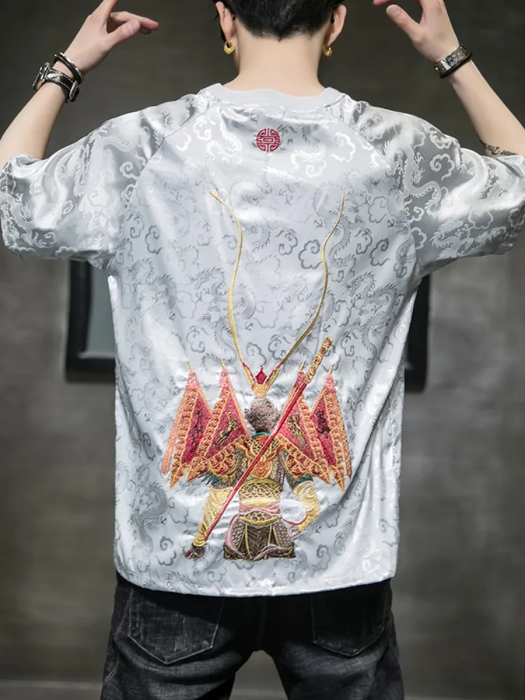 

Мужская футболка из ледяного шелка с охлаждающим эффектом, с вышивкой, летняя, модная, свободного кроя, с круглым вырезом, в стиле китайской культуры
