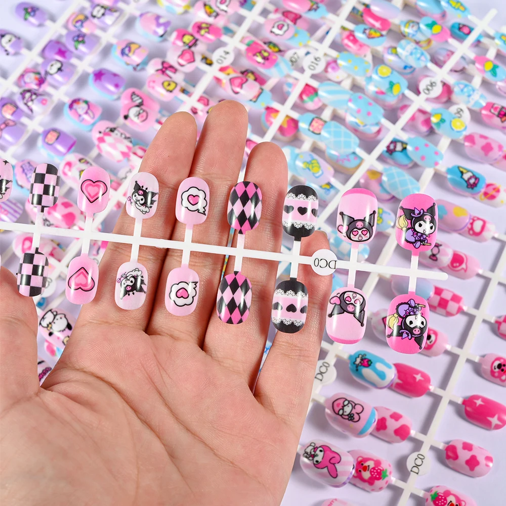 24pcs Kawaii Cute Cartoon Kuromi Press on Nails Handmade Detachable Fake Nails Full Cover Hello Kitty Cat False Nails Accessory