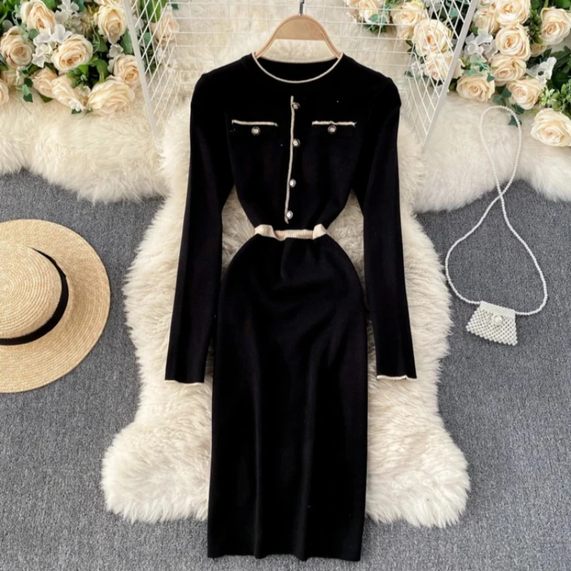 Women Elastic Knitted Dress Round Neck Contrast Edge Cuff Front Button Fake Pocket Belted Waist Elegant Long Sleeve Pencil Dress
