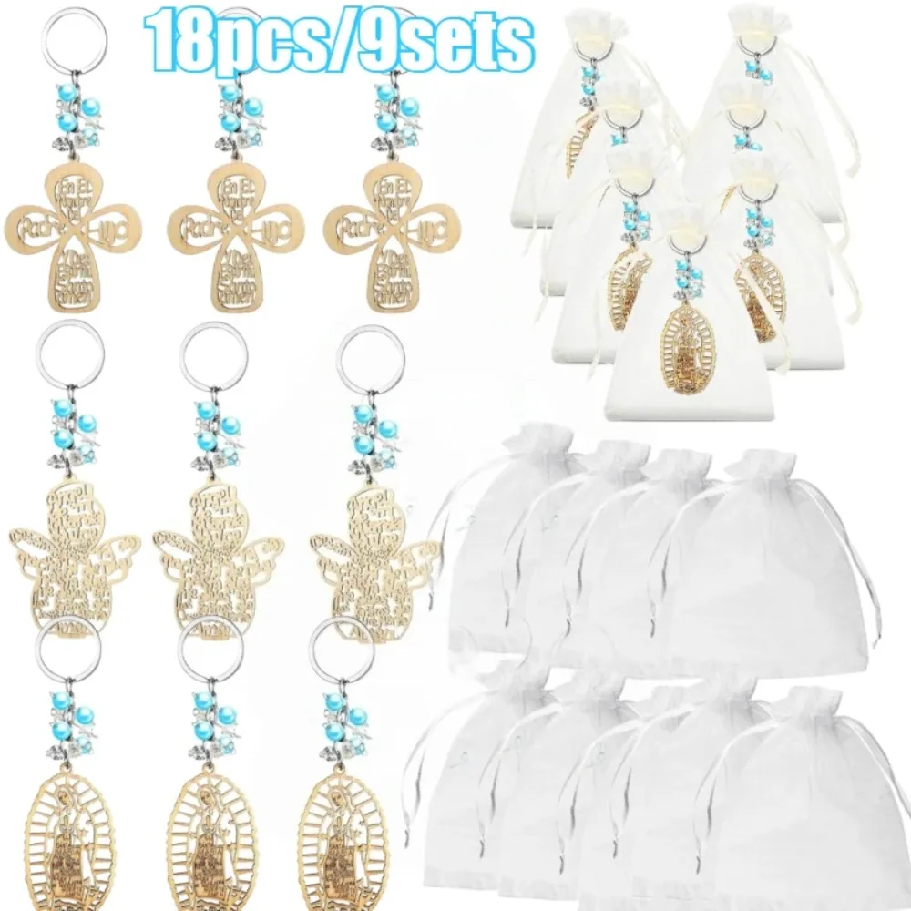 18 Piezas/9 Sets de Llaveros para Bautizo al por Mayor, Llaveros de Cruz, Ángel y Virgen María Chapados en Oro con Cuentas Azules y Bolsas de Organza para Fiestas