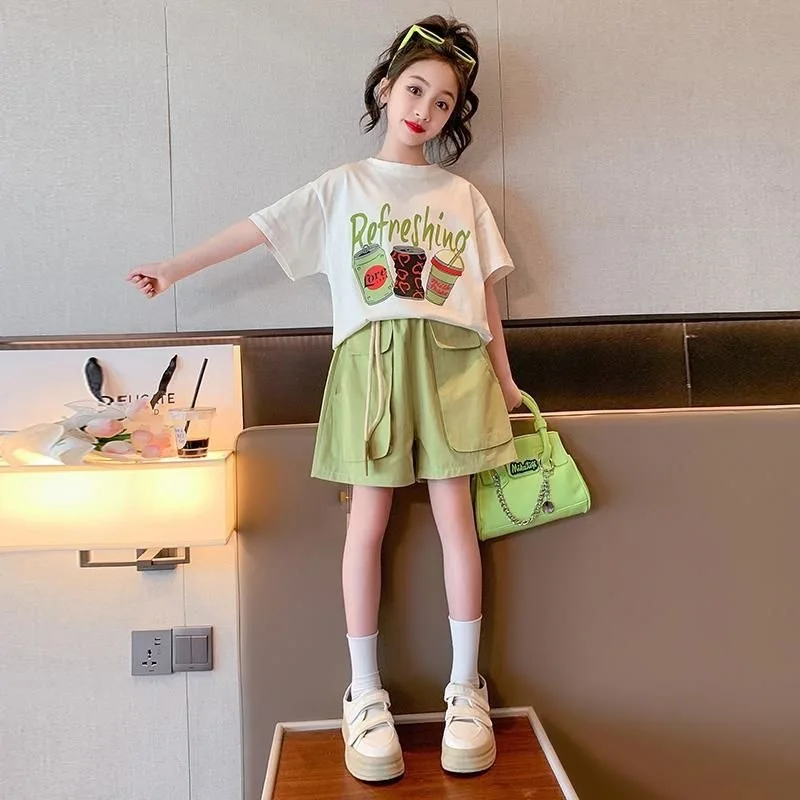 Children's Top and Bottom Clothes Set Korean Version Summer New Trendy Girls Cartoon Letters Short-sleeved Two-piece Set