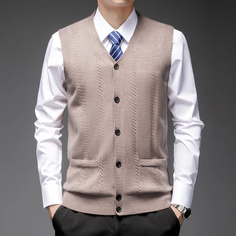 2024 Winter New Men's Cardigan Knit Sweater Casual Everything Simple Middle-aged Men's Knit Vest