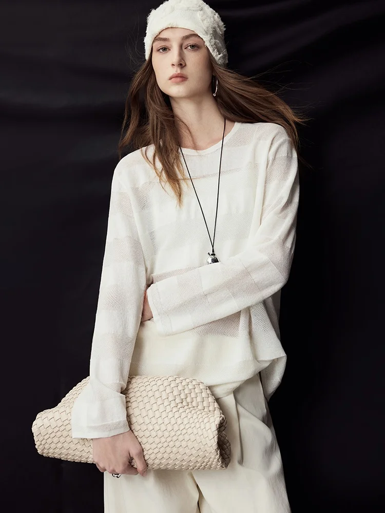 

Special Yarn Knitted Airy round Neck T-Shirt Women's Casual Loose Fit Long Sleeve Stripe Pattern Sofa Spring Summer Top