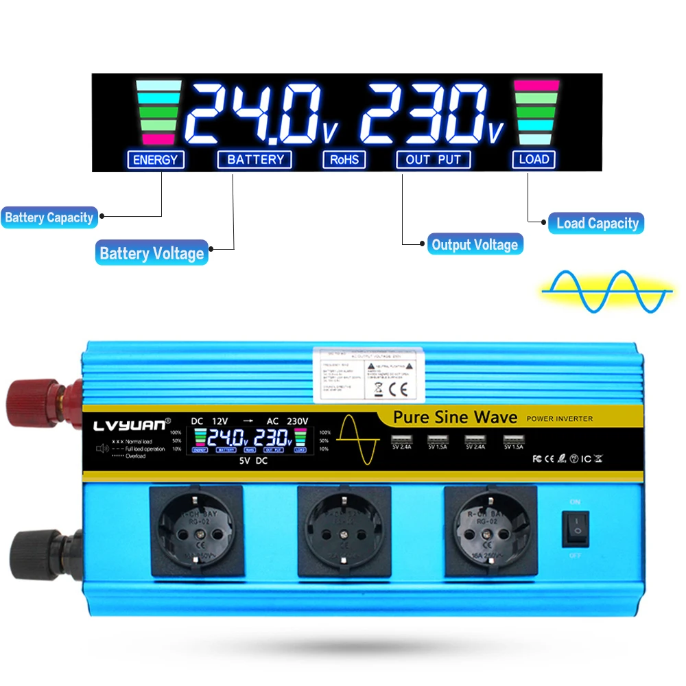 12000W Power Inverter DC 12V 24V to 220V LCD 50HZ 60HZ Converter Car Solar Power Transformer Remote Control EU Socket Inverter