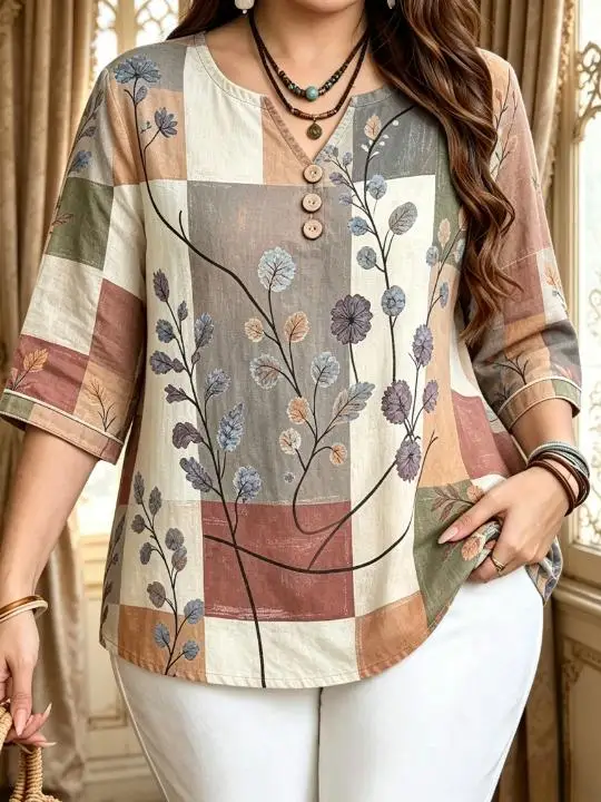Vintage Patchwork Autumn Floral Leaf Print Women Blouse 3/4 Sleeve Notch V Neck Decor Button Daily Shirts