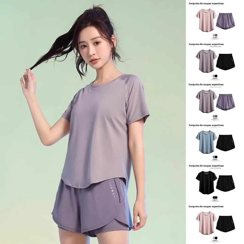 Conjunto de Roupas de Fitness Femininas para o Verão 2026, Estilo Casual para Corrida, Tênis, Badminton, Calças de Yoga de Ma...