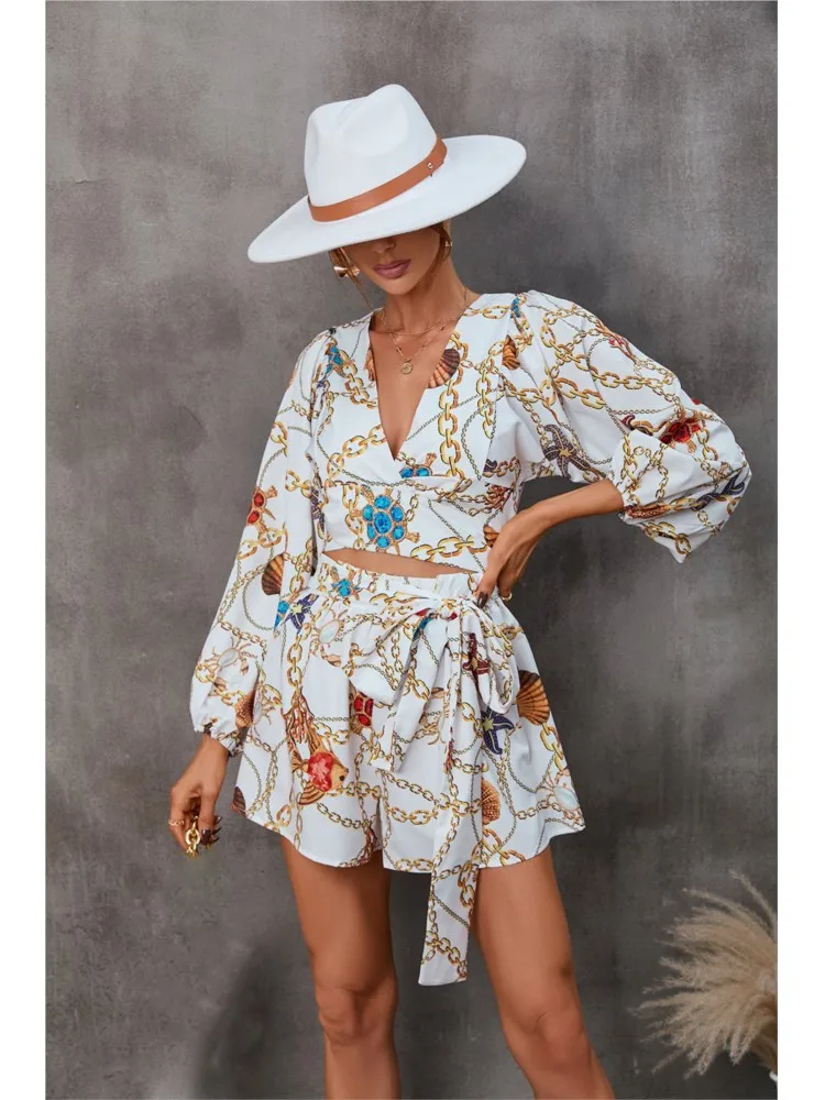 Women's Summer Deep V Neck Bell Sleeves Flower Print Long Sleeves Lace Up Mid Waist Shorts Jumpsuit Women