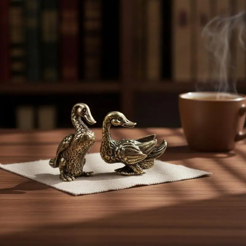 (.) 1Pc/1Pair Vintage Brass Duck Figurines Handcarved Detailed Texture Perfect For Home Desk Decor Collection Gift