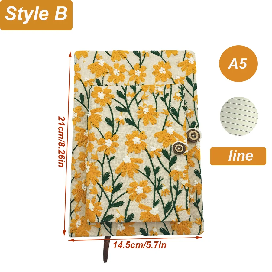 A5 A6 Fabric Embroidery Cloth Notebook with Bookmark and Buttons 100 Sheets 200 Pages Line Inner 80 GSM Paper Notepad