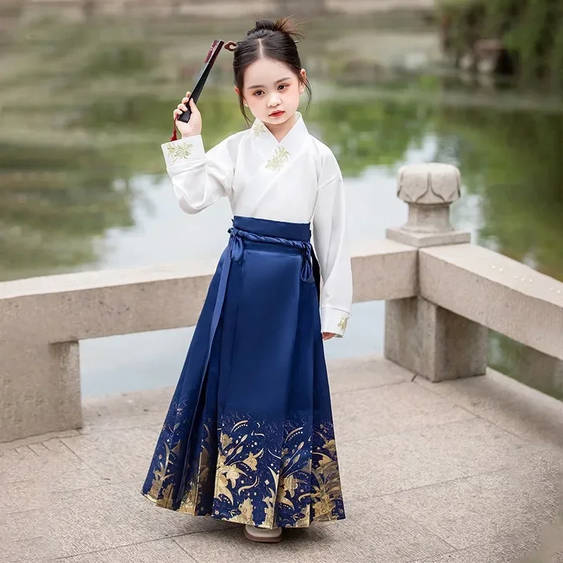 Falda de cara de caballo tradicional china Vintage para niñas, conjunto de Hanfu para niños, ropa de baile para niños, ropa de actuación de fotografía, Cosplay