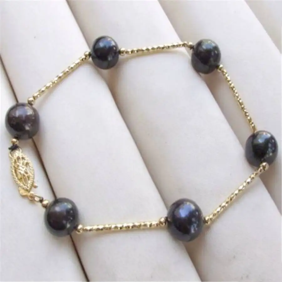 

10-11mm Round Black Pearl Bracelet Gold Clasp Stackable Formal Bangle Semi-Precious Stones Fashionistas Elegant Cuff