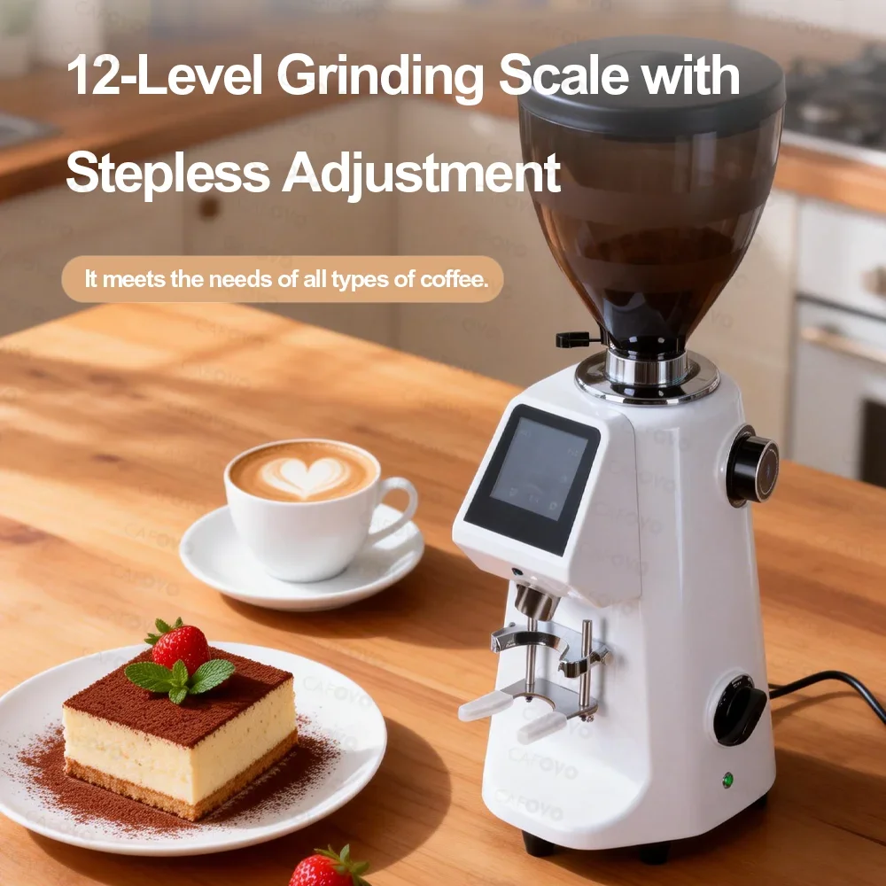 CAFOVO G174F Commercial Time-Based Dosing Grinder with 74mm Flat Burr Anti-Static Chute Touch Start for Espresso and Cafe Use