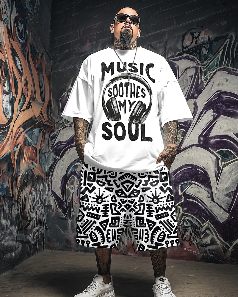 

S-9XL Men's Large Size Music Soothes My Soul Print Short-Sleeved T-Shirt Shorts Two-Piece Set