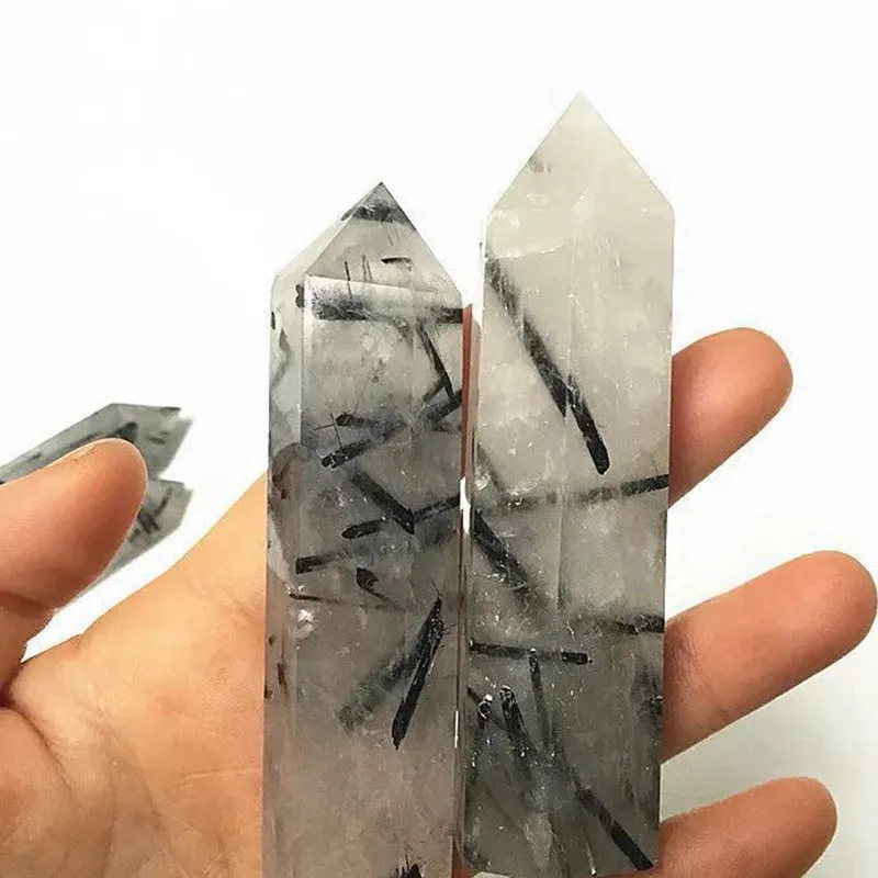 60-70mm Natural Black Tourmaline Quartz Rutilated Crystal Point Wand Hexagonal Obelisk Column Healing Treatment Stone Rock Craft