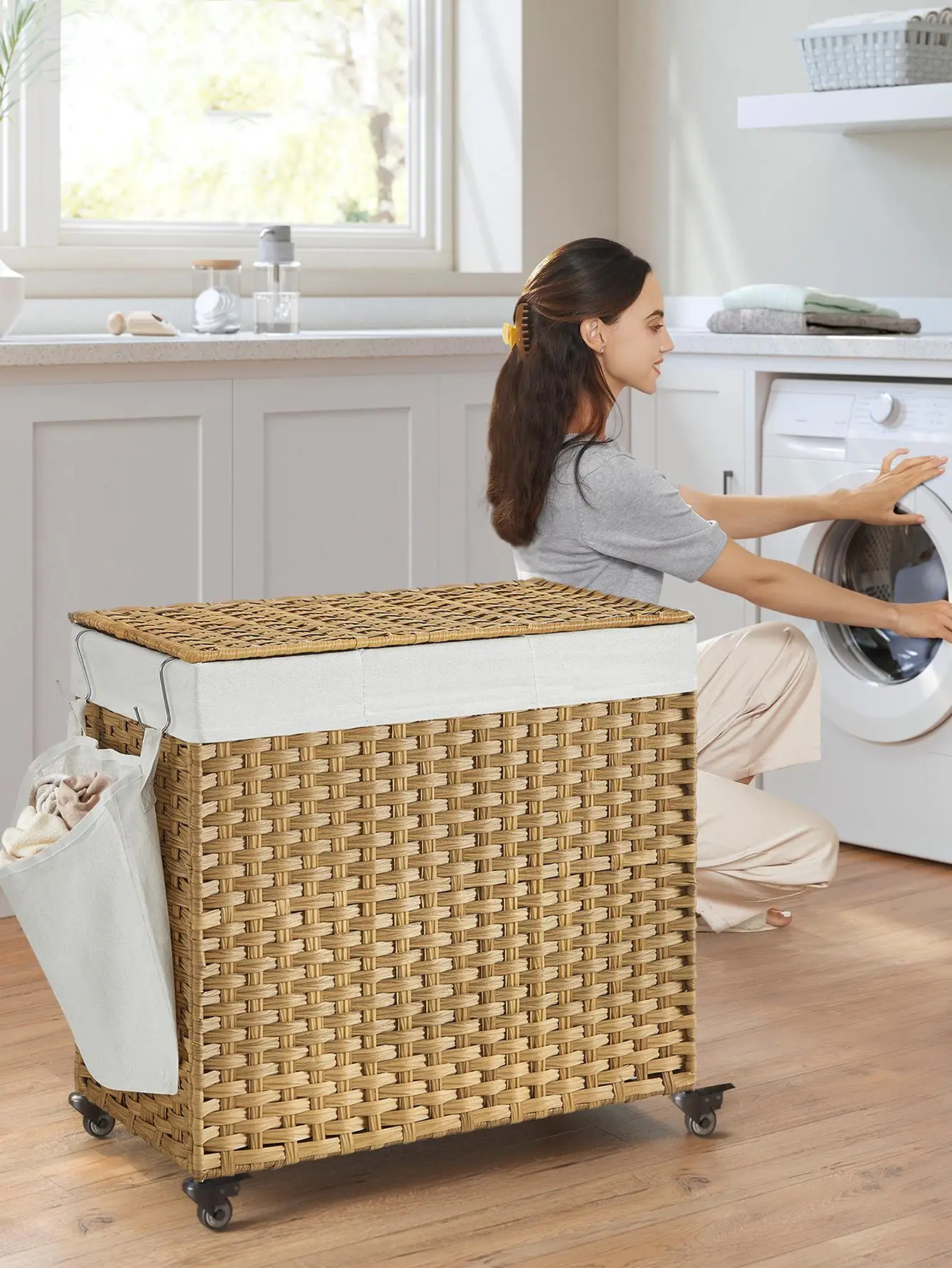 

Laundry Hamper With Lid, 42.3 Gallon (160L), Rolling Laundry Basket With Wheels, 3-Section Synthetic Rattan Laundry Hamper, Removable Liner, Bedroom, 27.6x14.2x26 Incheslaundry Hamper,Washing Basketbathroom Organizer,Basket,Storage Basket,Foldabl