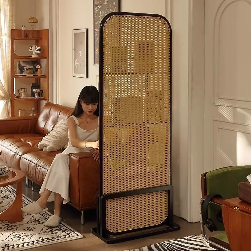 Chinese retro magazine rack, partition screen, sofa side, living room entry shelter, facing the door and porch, movable rattan w