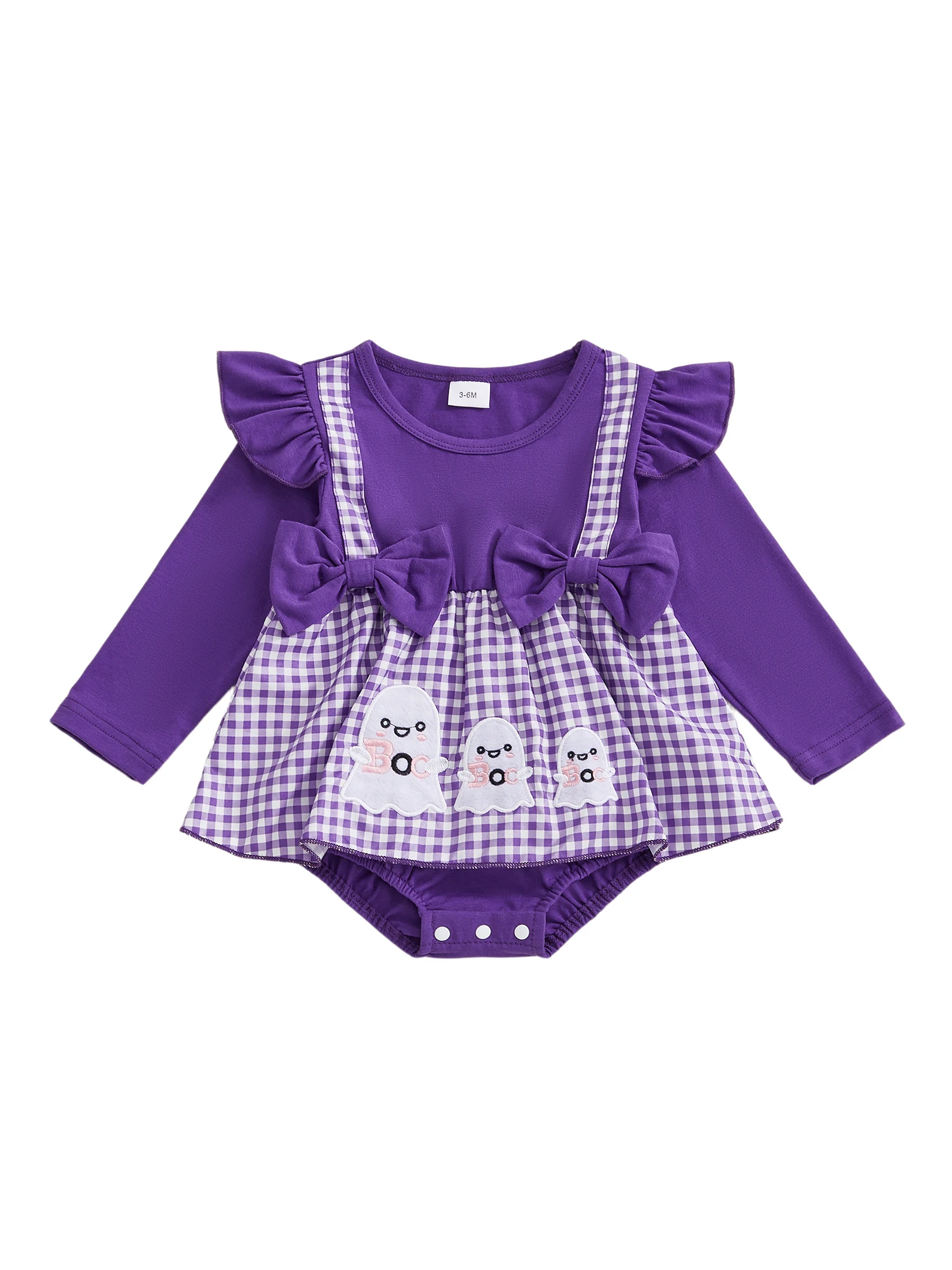 

Infant Halloween Costume with Long Sleeves Crew Neck Plaid Print and Cute Ghost Embroidery - Adorable Baby Girl