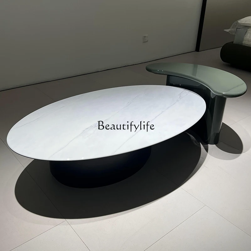 

Microcrystalline stone coffee table white oval green paint artistic coffee table