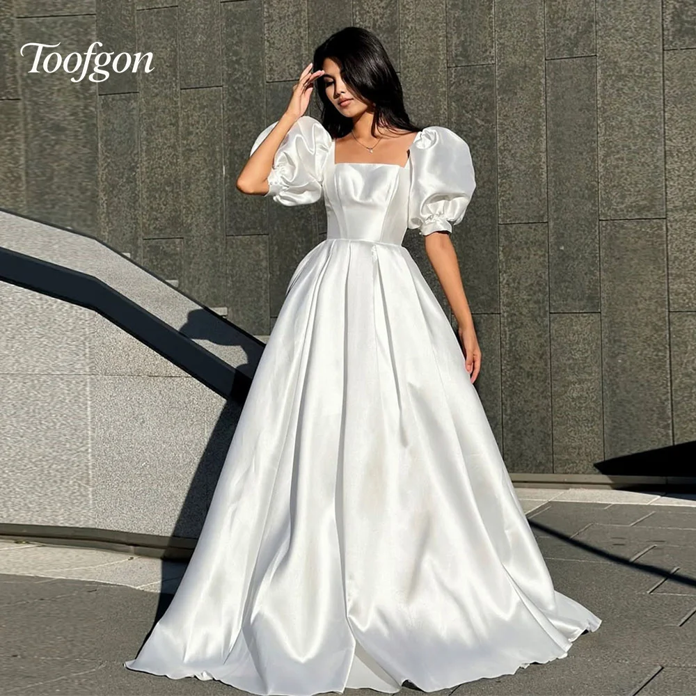

Toofgon Customized Luxury Satin A Line Wedding Dresses Square Collar Short Puff Sleeve Bride Gown Corset Backless Bridal Gowns