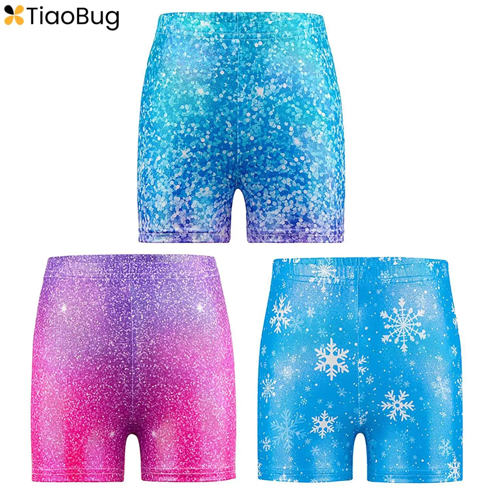 3 pezzi pantaloncini da ballo per ragazze pattinaggio di figura ginnastica danza allenamento performance costume elastico in vita pantaloncini stampati metallici