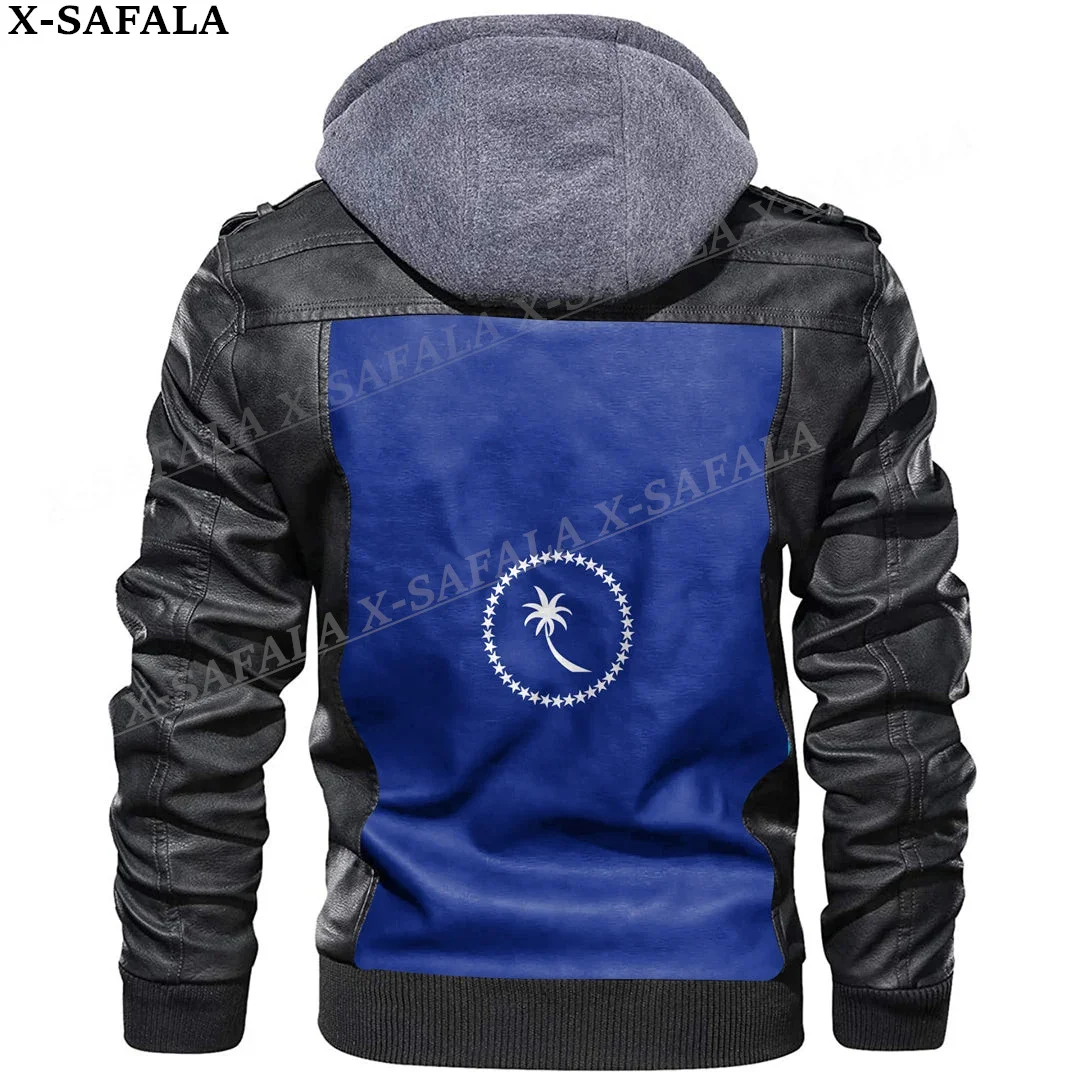 Chuuk Country Flag Leather Jacket Men Winter Fleece Motorcycle Faux Leather Jacket Removable Fur Collar Windbreaker Coat